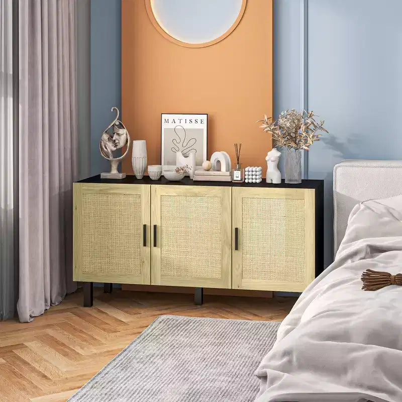 HOMCOM Credenza Buffet, Mobile da Cucina e Mobile Bar con 3 Ante in Rattan e Ripiani Regolabili