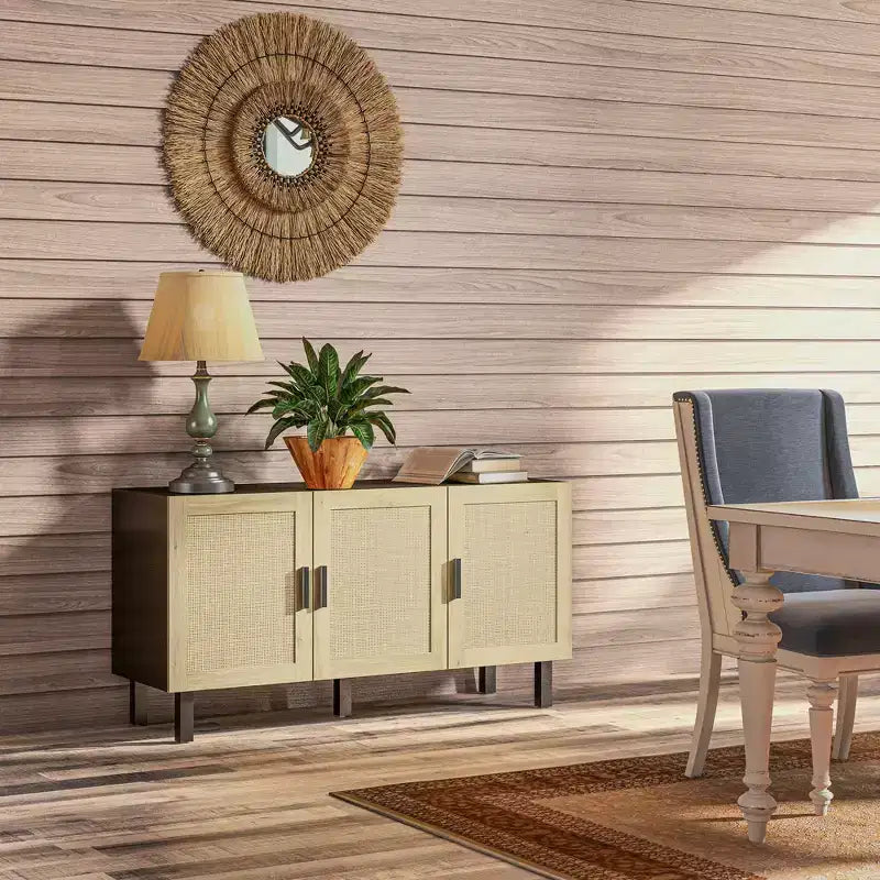 HOMCOM Credenza Buffet, Mobile da Cucina e Mobile Bar con 3 Ante in Rattan e Ripiani Regolabili