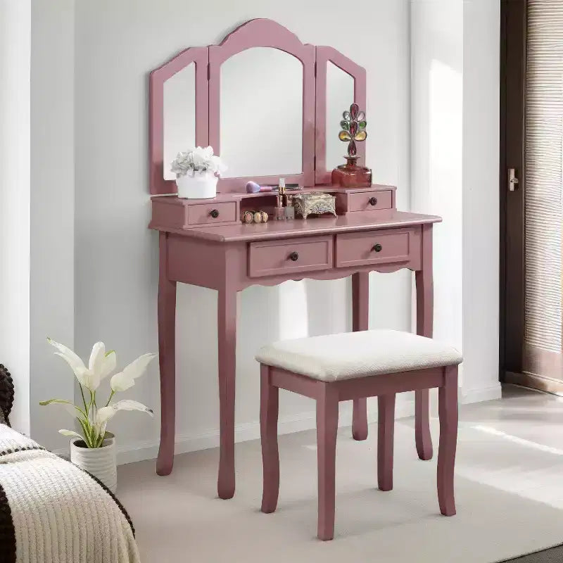 Set Sanlo tavolo trucco e sgabello in legno, oro rosa