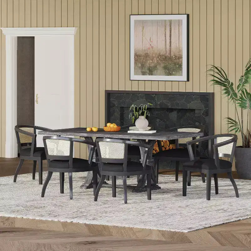 Christopher Knight Home Delwood Set da Pranzo Espandibile Tradizionale a 7 Pezzi in Legno, Tessuto e Rattan