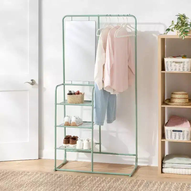 Stand appendiabiti in metallo con specchio e ripiani - Brightroom